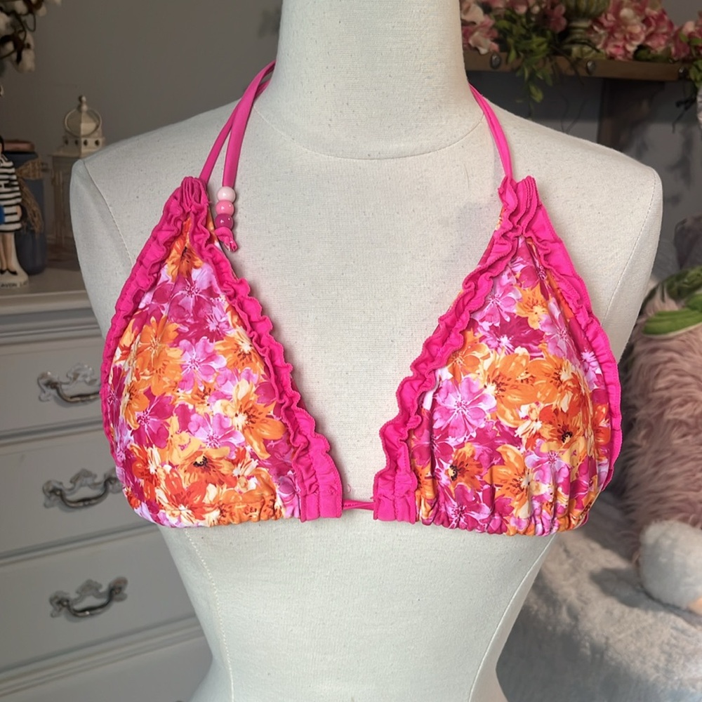 Pink Ruffle Floral Bikini Top